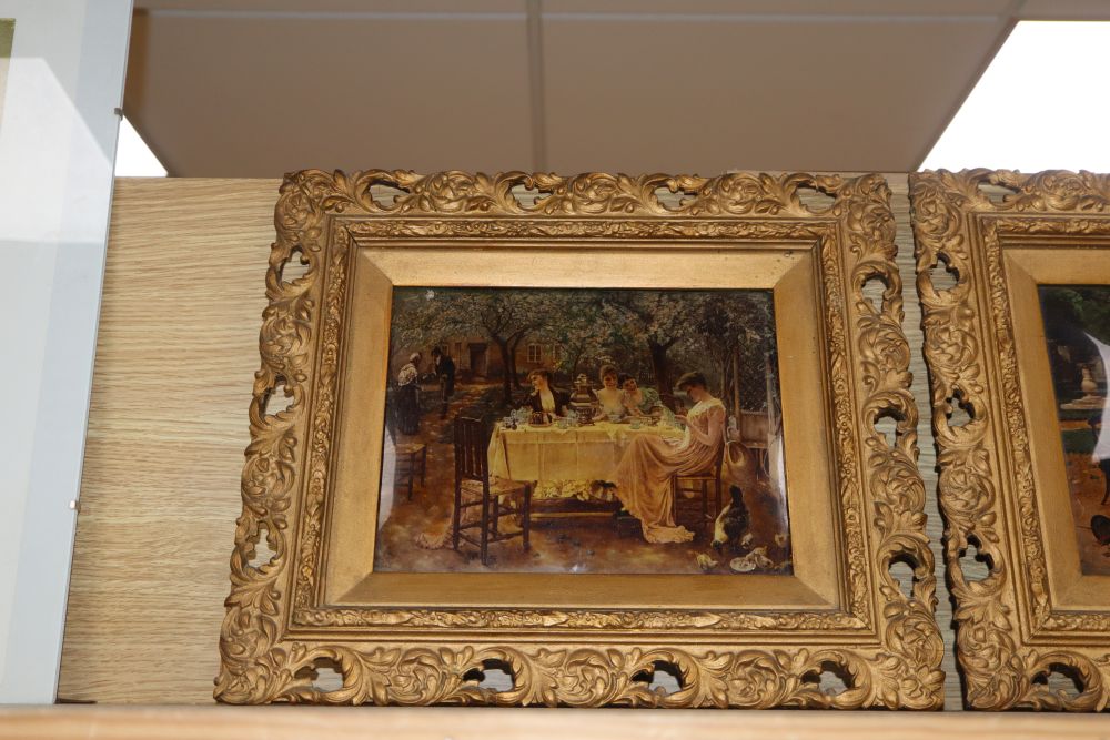 Three early 20th century chrystoleums depicting figures in parks and gardens, 19 x 24cm and 16 x 24cm